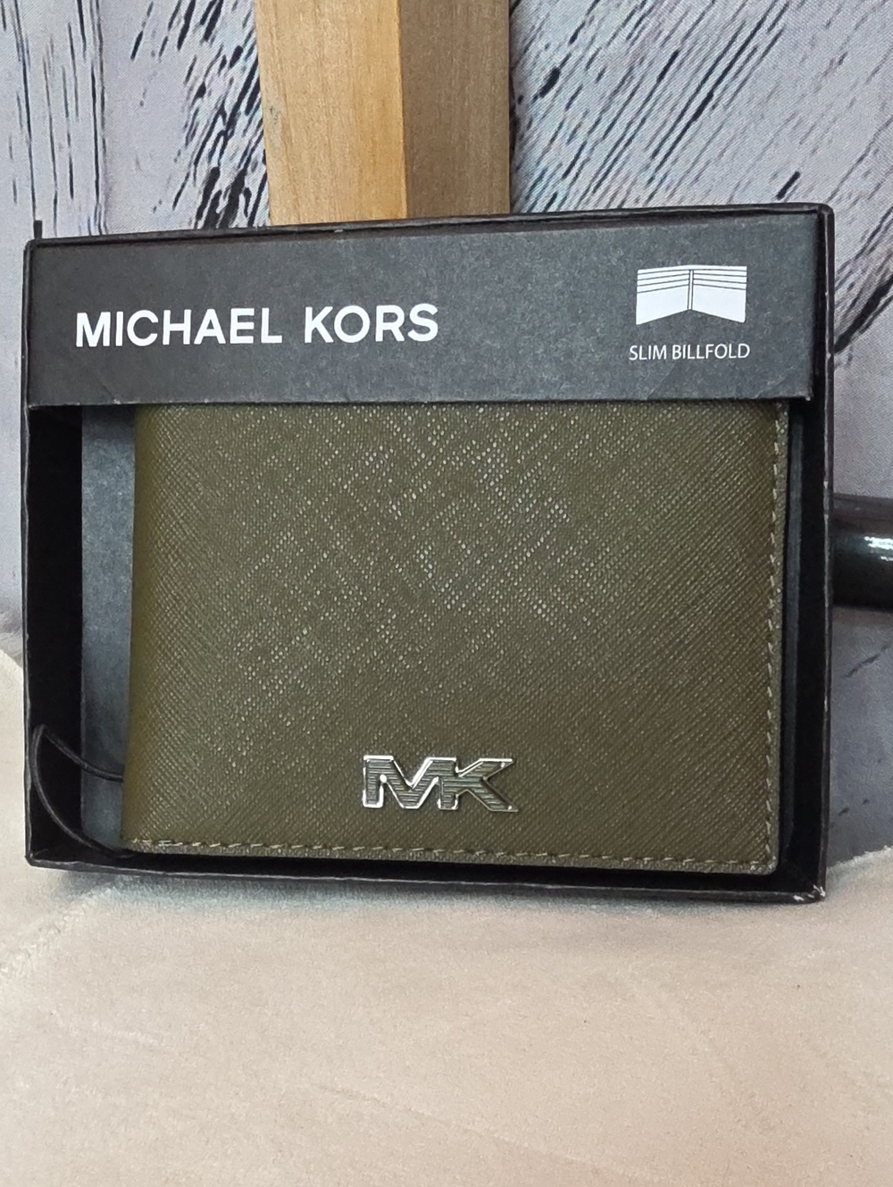 Michael Kors Olive MK Logo Slim Billfold Wallet Olive